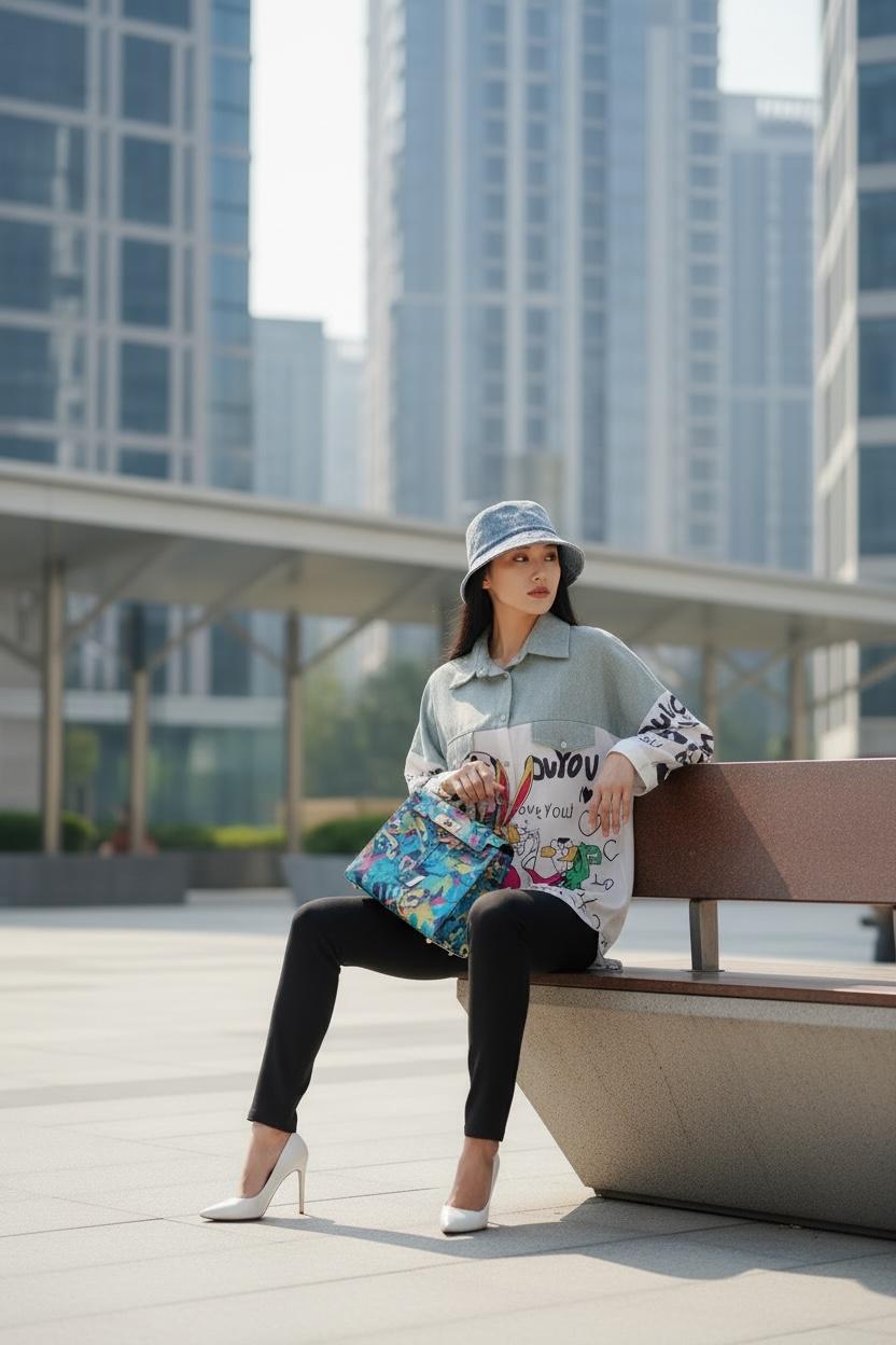 THE PANDA DENIM-MIX GRAPHIC TOP