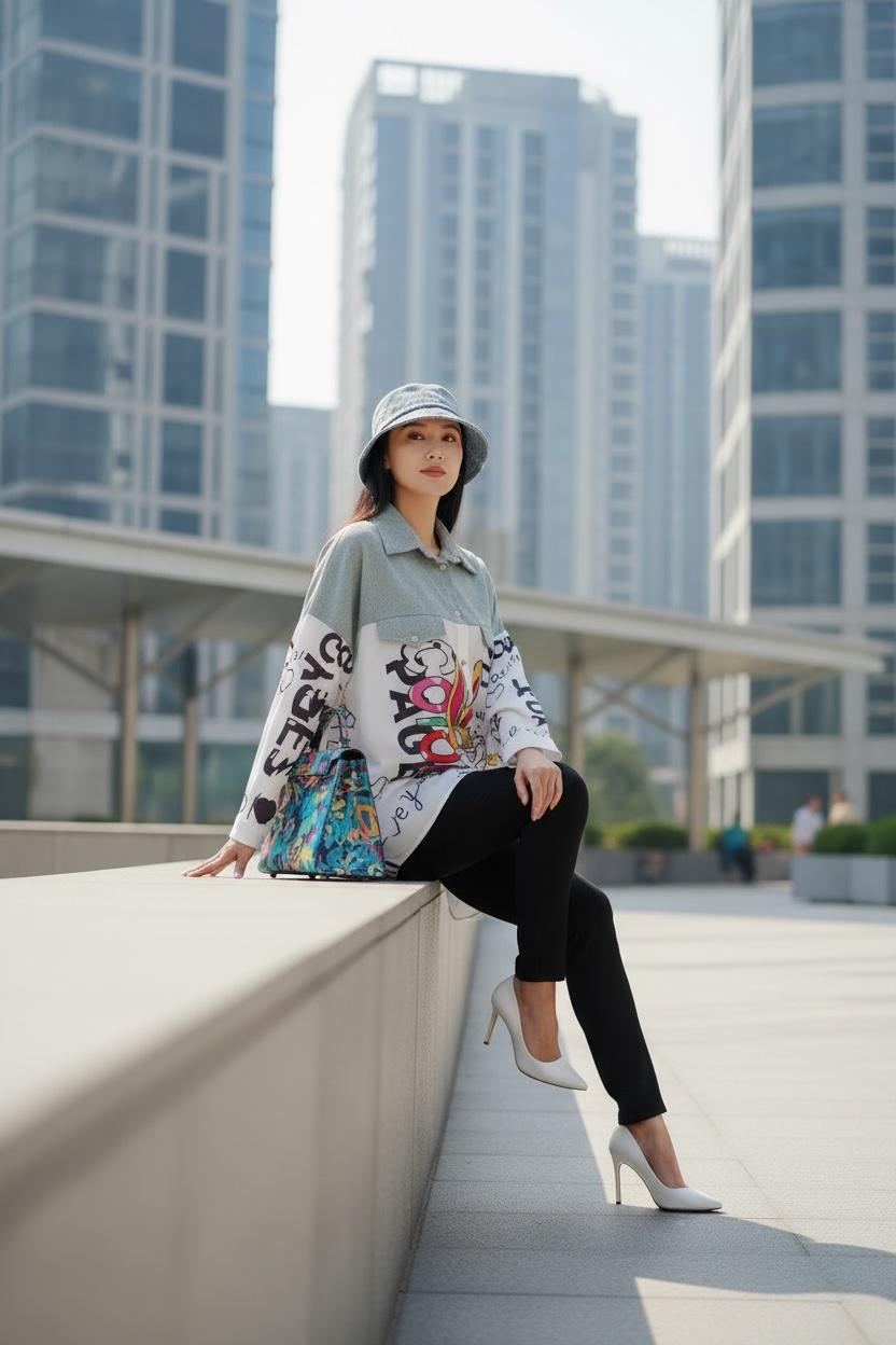 THE PANDA DENIM-MIX GRAPHIC TOP