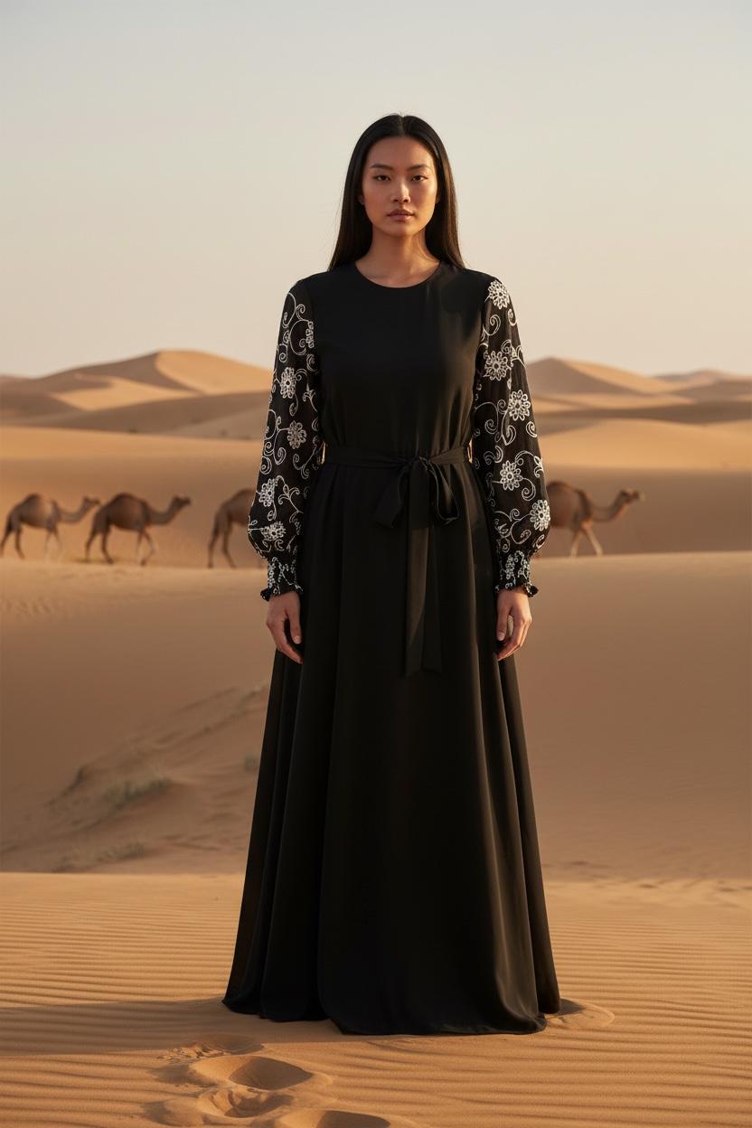 THE ORCHID EMBROIDERED-SLEEVE BLACK MAXI DRESS
