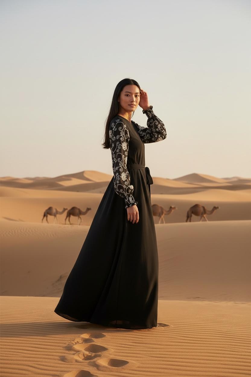 THE ORCHID EMBROIDERED-SLEEVE BLACK MAXI DRESS