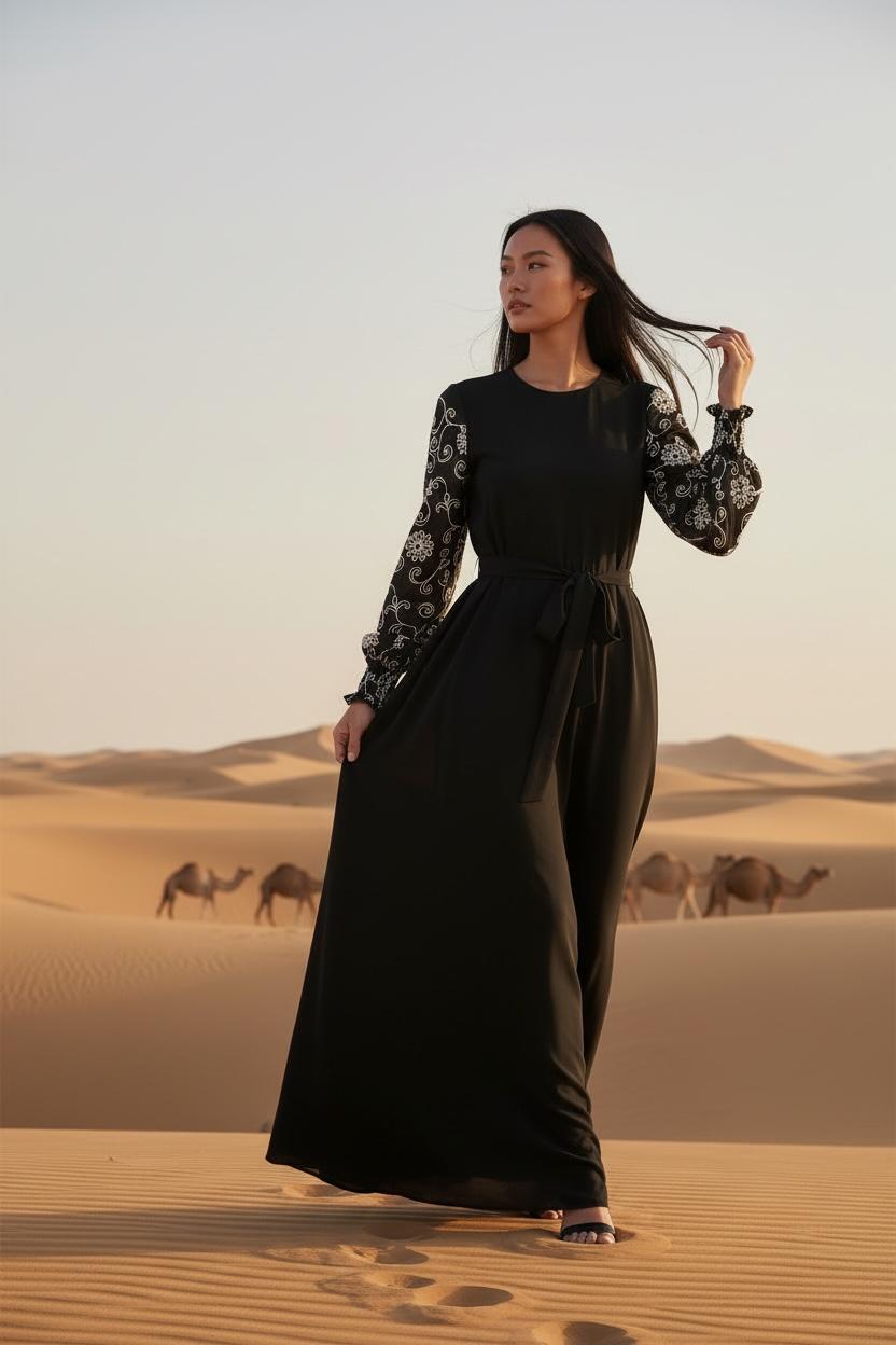 THE ORCHID EMBROIDERED-SLEEVE BLACK MAXI DRESS