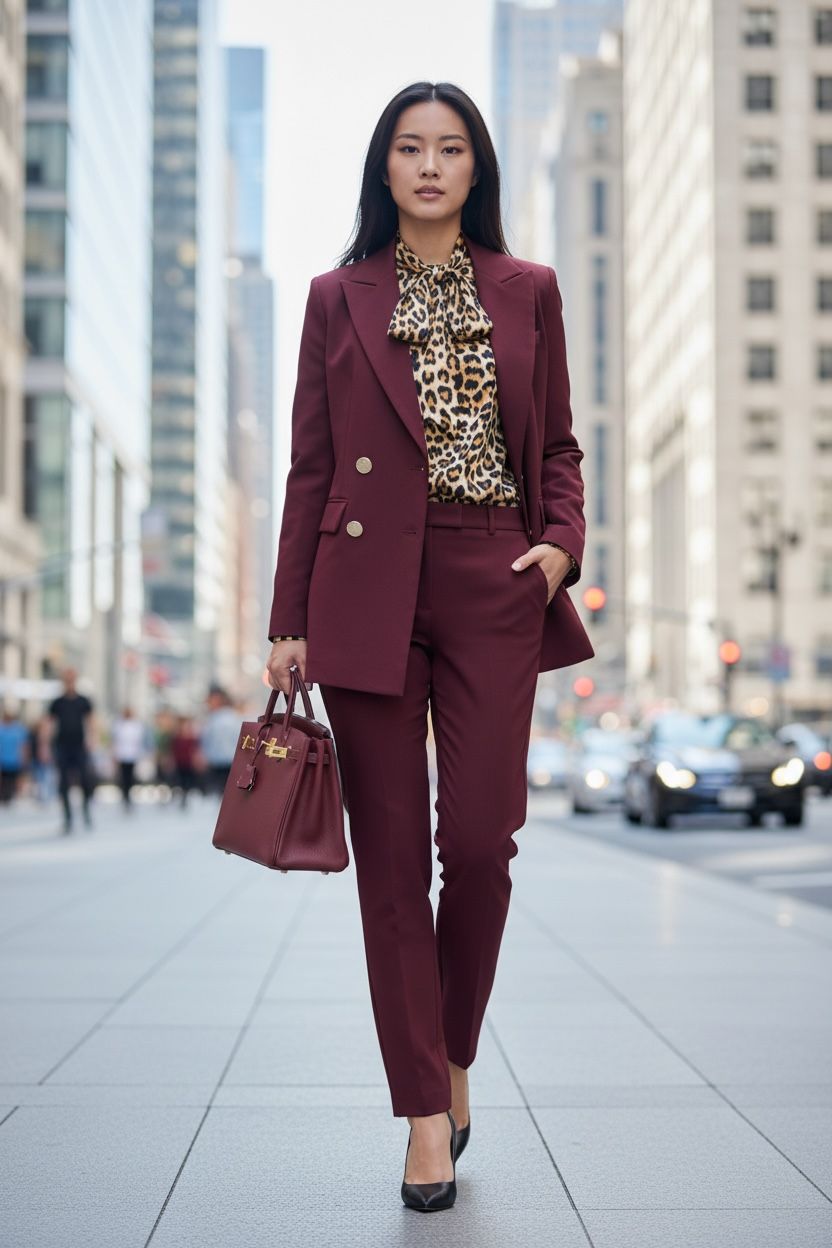 THE VIOLA POWER SUIT: FALL COLORS & LEOPARD ACCENTS