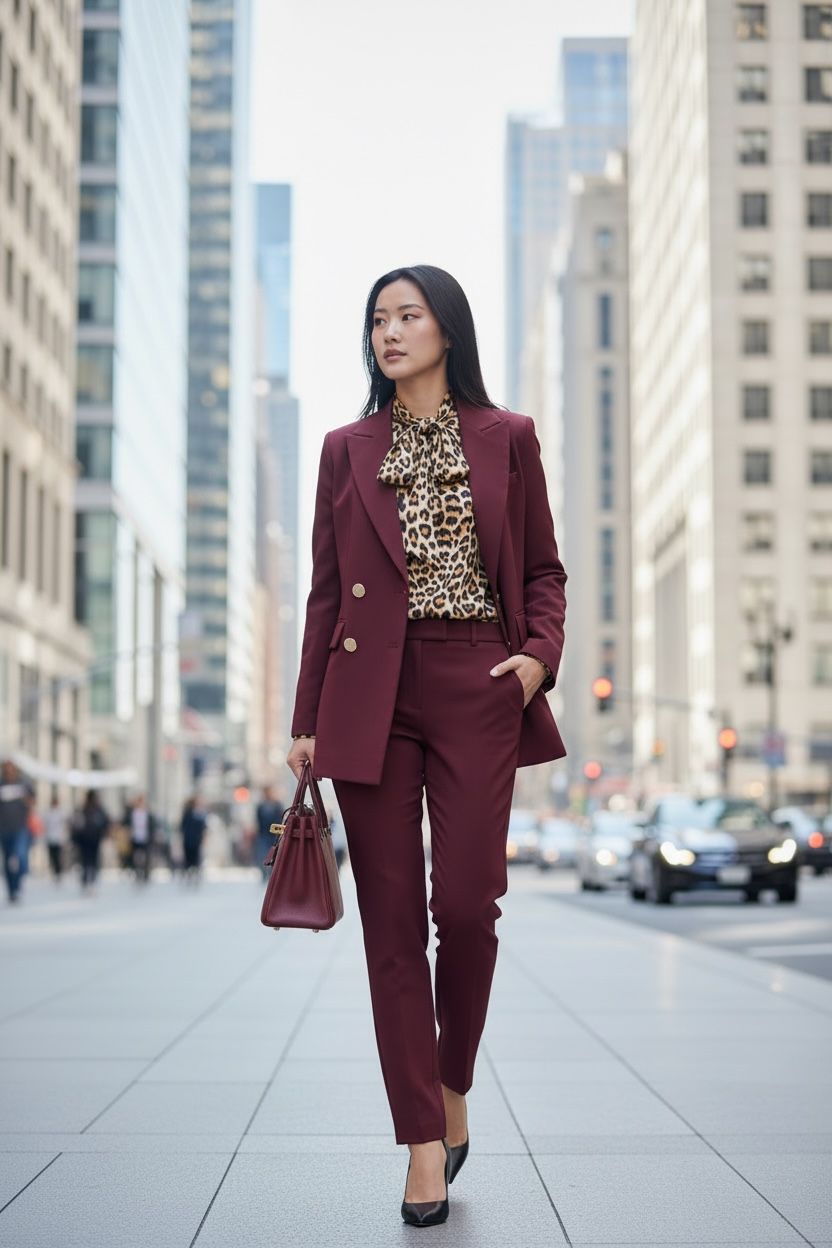 THE VIOLA POWER SUIT: FALL COLORS & LEOPARD ACCENTS